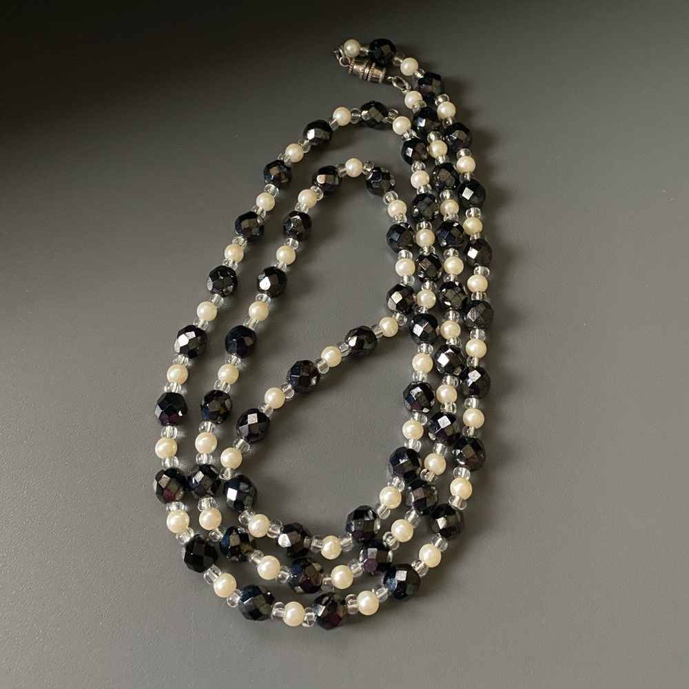 Vintage Faceted Black Glass and Faux Pearl Long Necklace